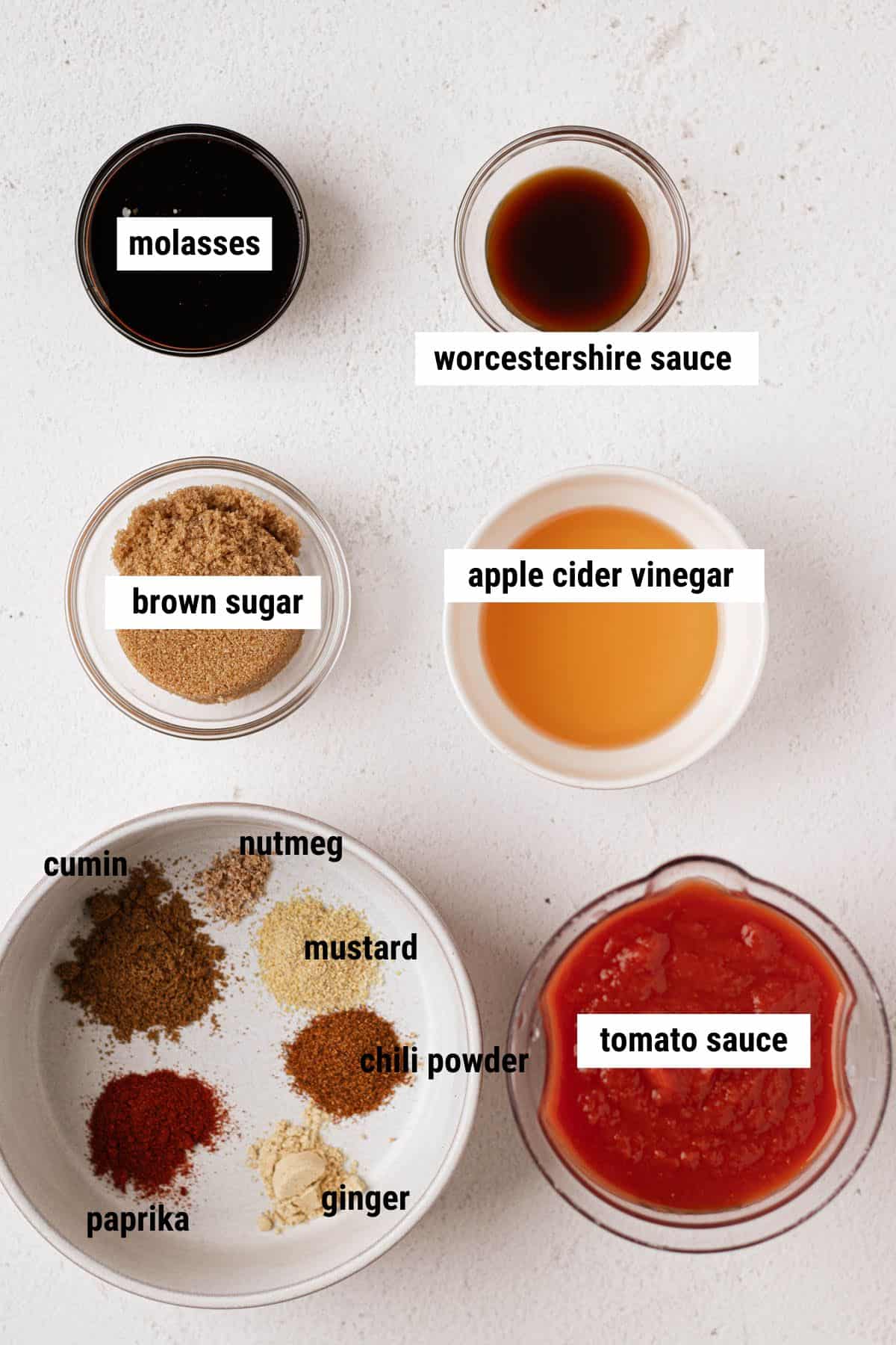 Molasses, worcestershire sauce, brown sugar, apple cider vinegar, tomato sauce and spices displayed in a visual picture.