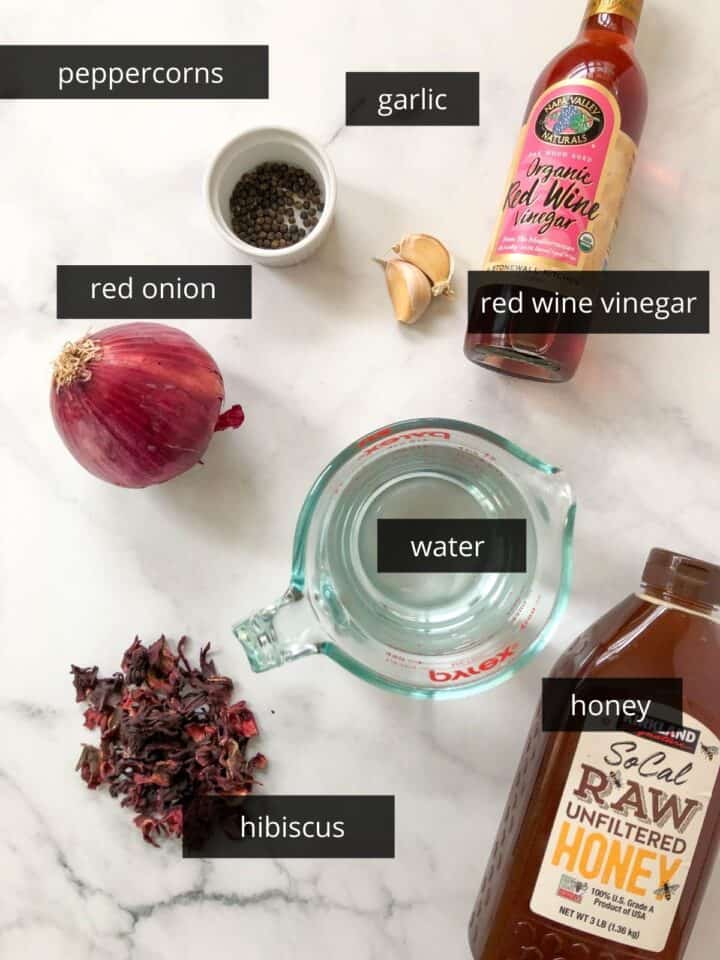 Visual photo of the ingredients used to make pickled red onions.