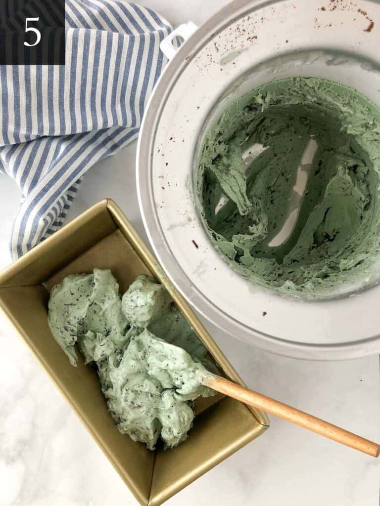 mint chocolate chip ice cream transferring to a pan