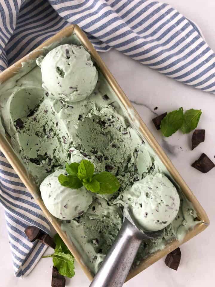 mint chocolate chip ice cream served up in a loaf pan