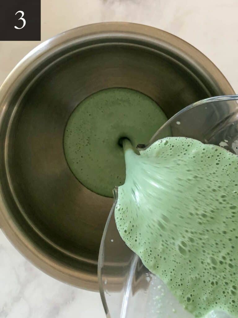 mint chocolate chip ice cream pouring base into a small bowl to chill