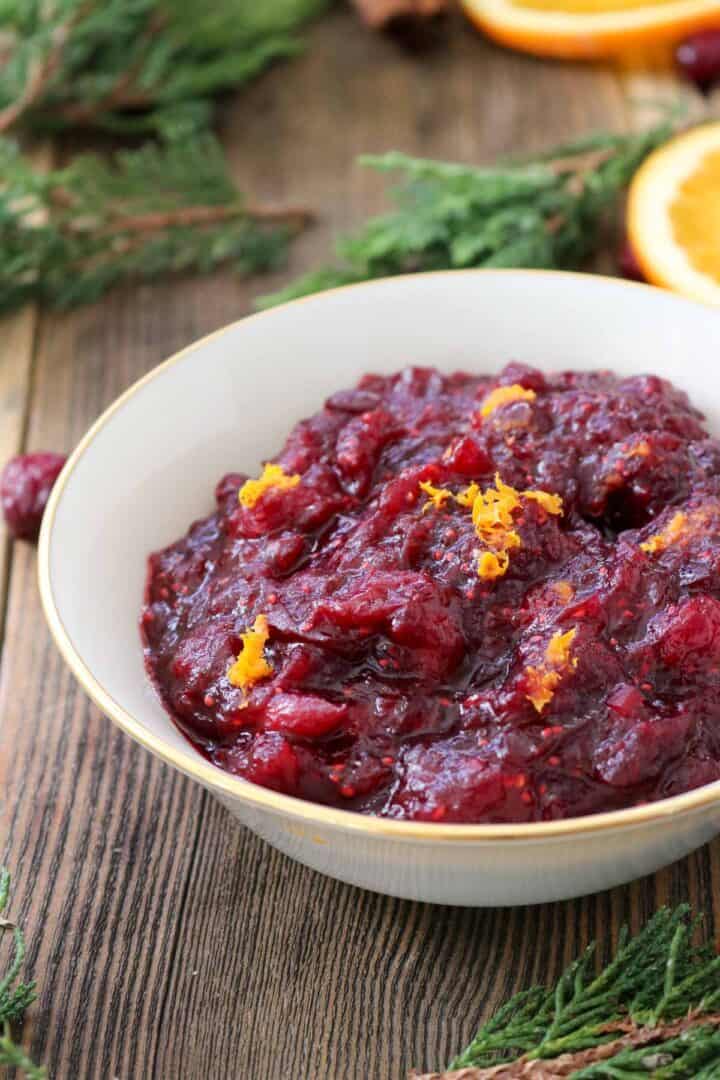 Quick homemade cranberry sauce in a small bowl