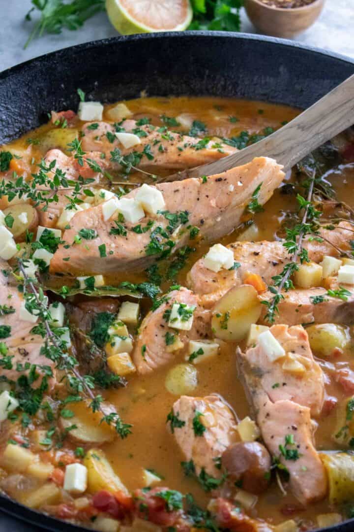 one pot salmon stew in cast iron skillet
