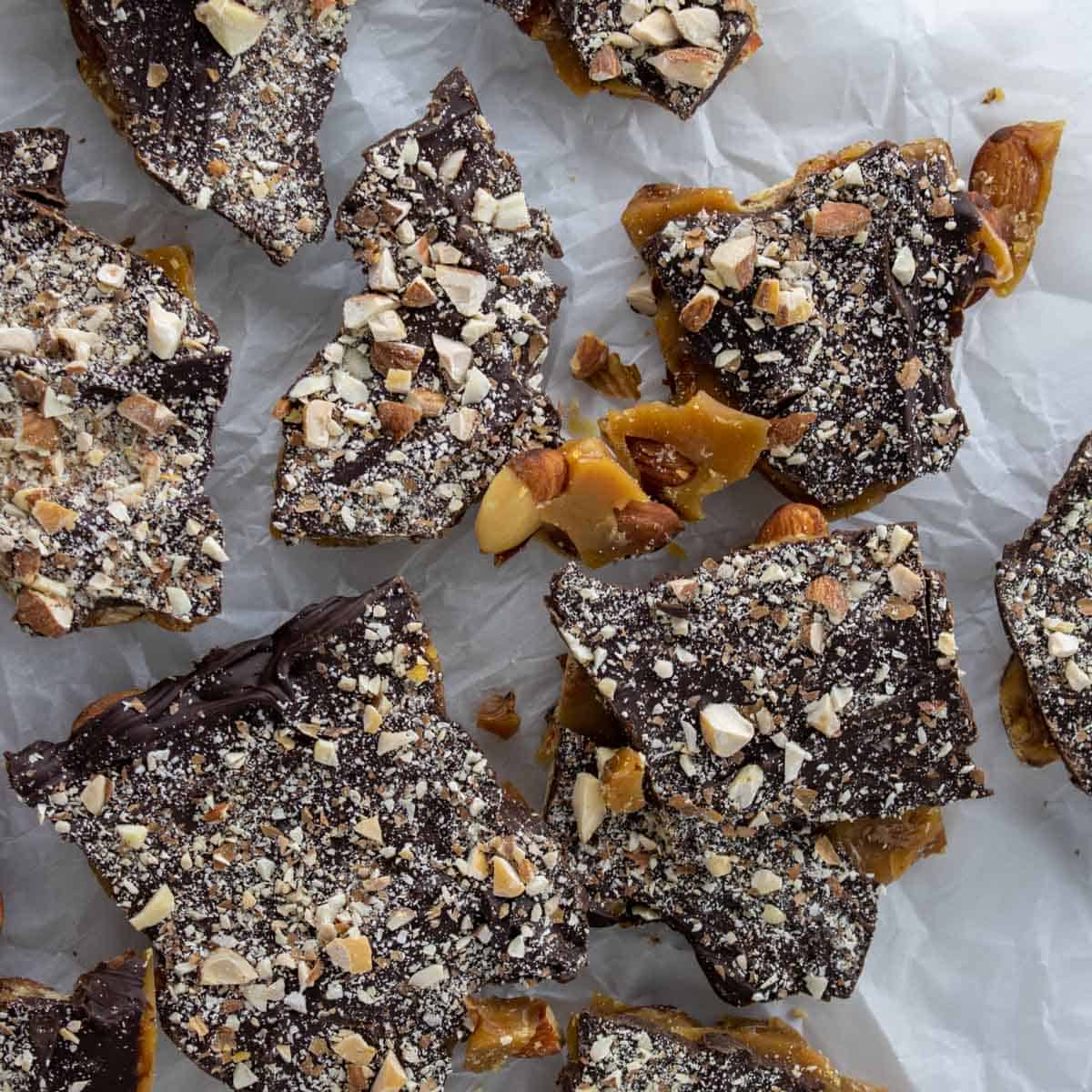 almond toffee broken into pieces