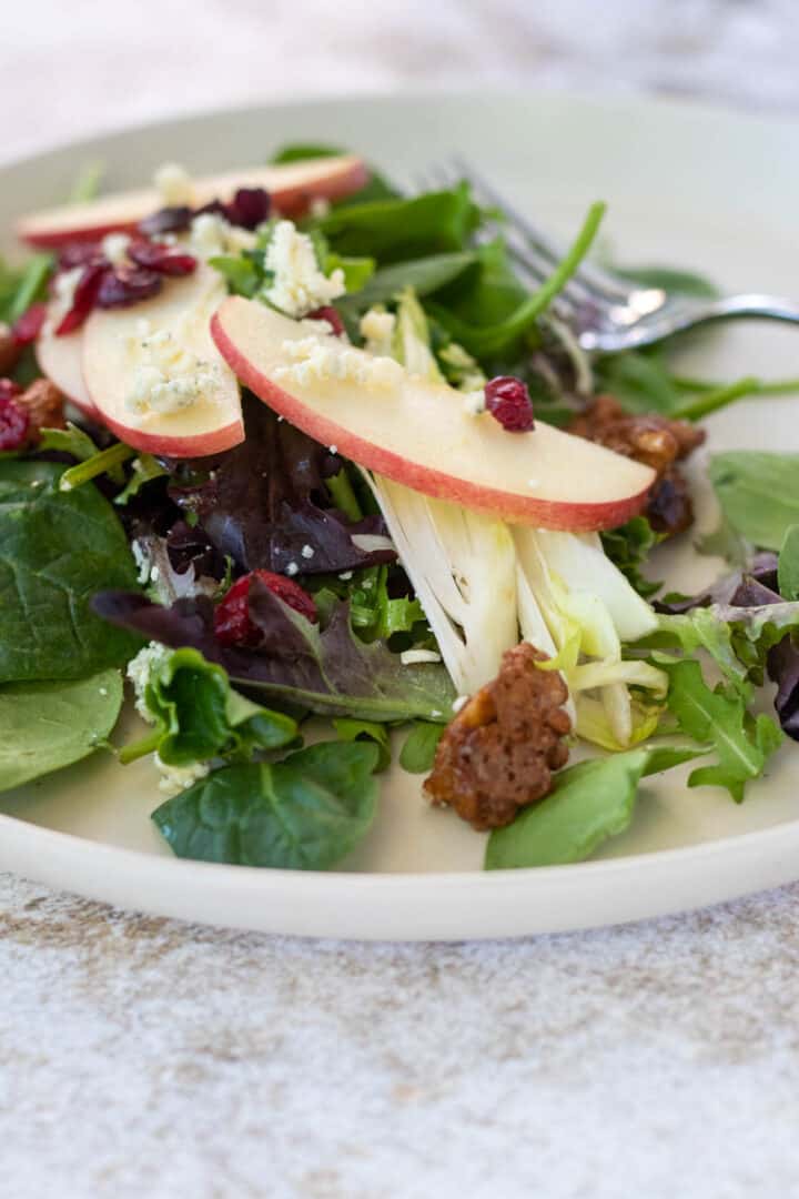 apple cranberry walnut salad on a plate with a fork