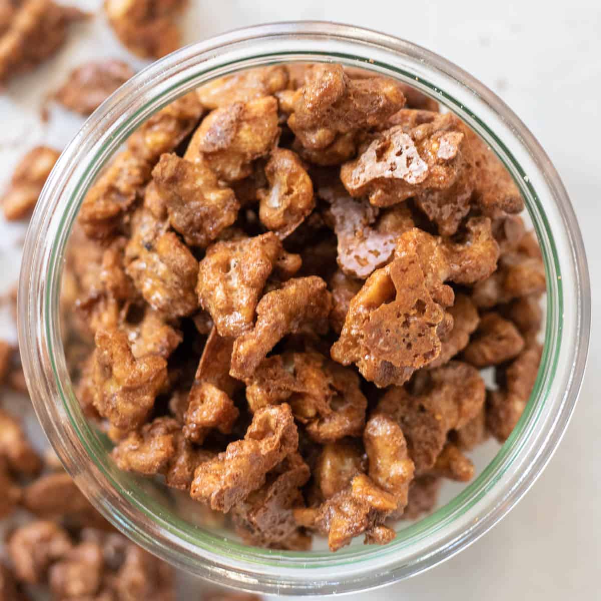 candied walnuts in glass jar