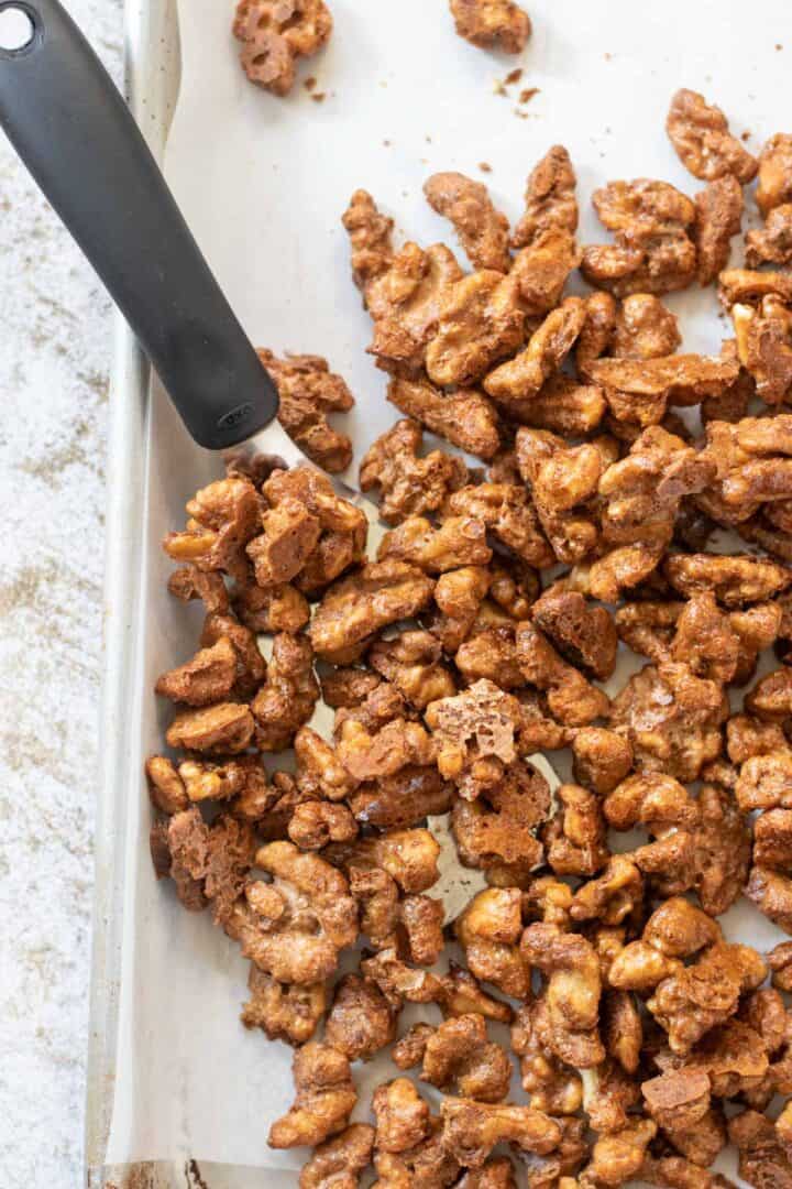 how to make candied walnuts sheet pan with a small spatula 