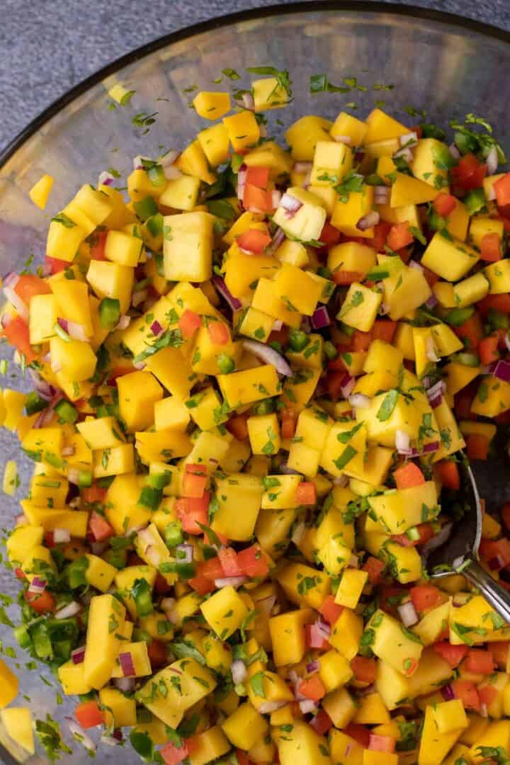 overhead photo of mango salsa in a bowl.