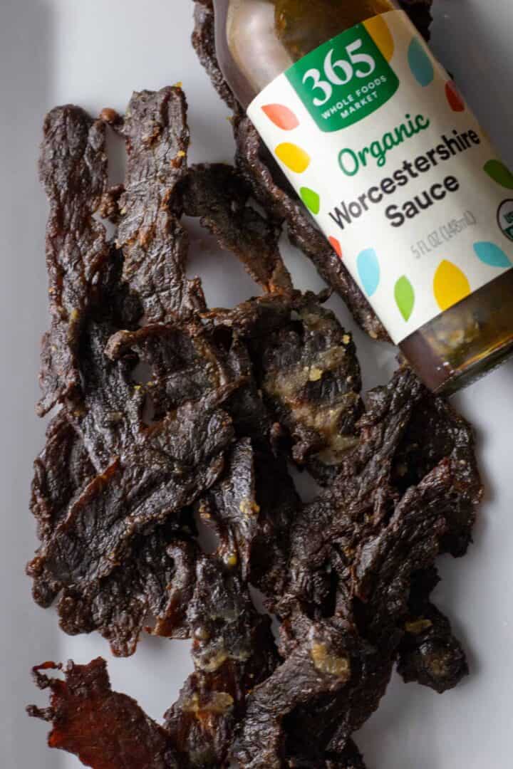 the best beef jerky recipe with Worcestershire sauce on a rectangular plate