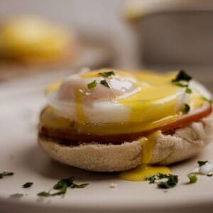 Eggs Benedict with hollandaise sauce.