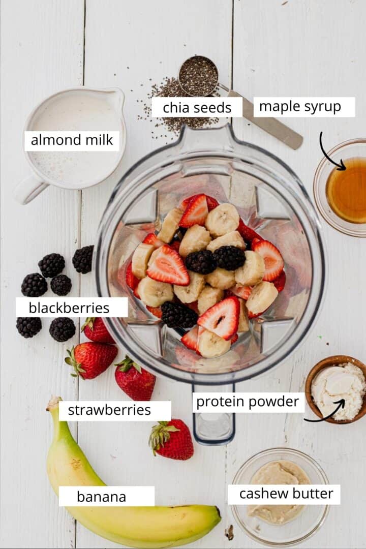 Ingredients used for a blackberry, strawberry, and banana smoothie.