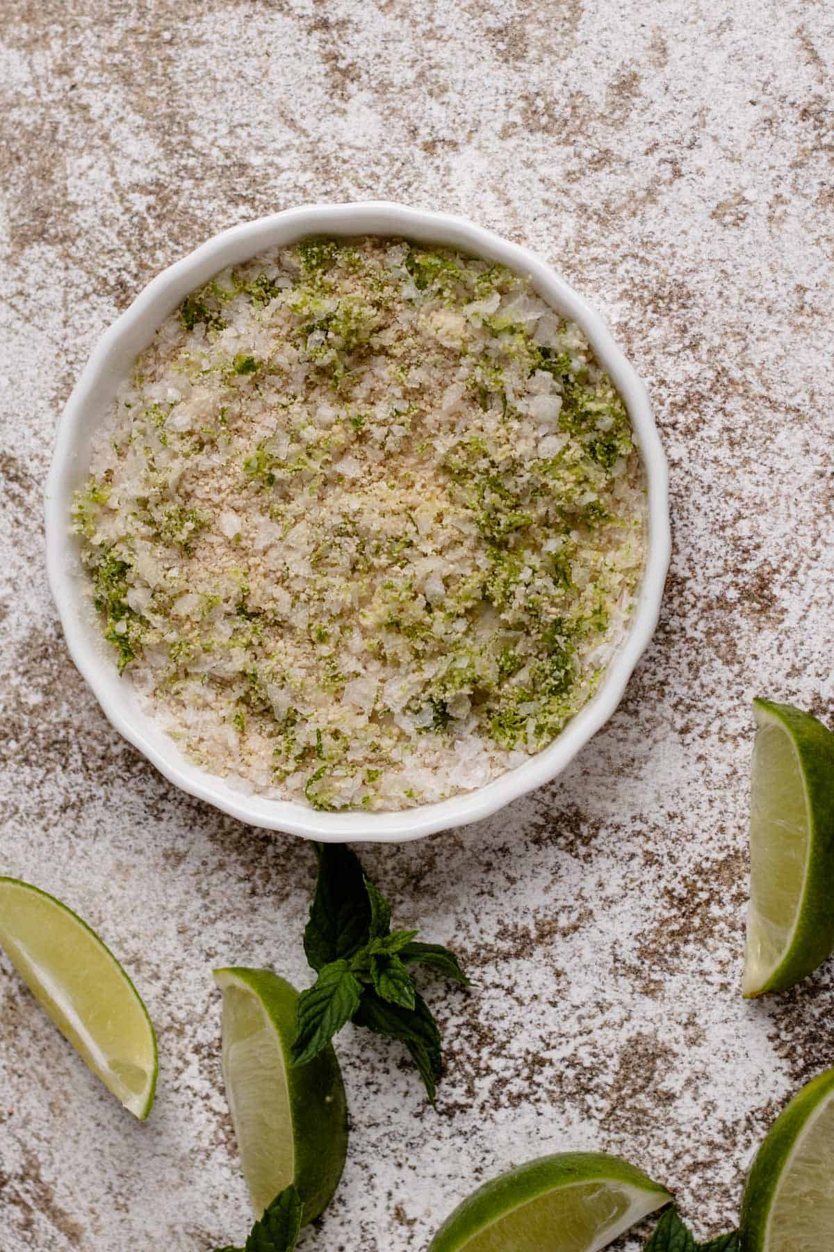Mixture of sea salt, lime zest, and honey crystals.