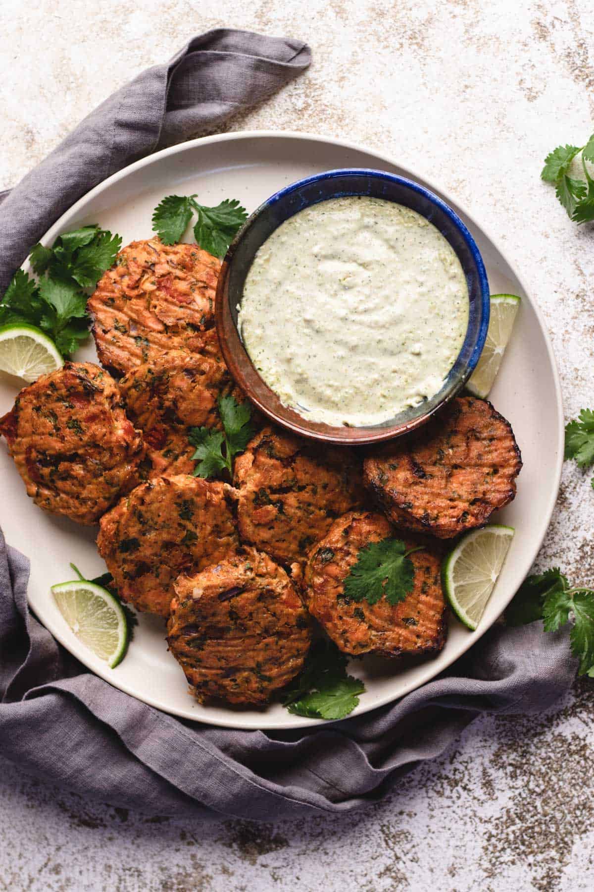 Southwestern salmon cakes on a large plate.
