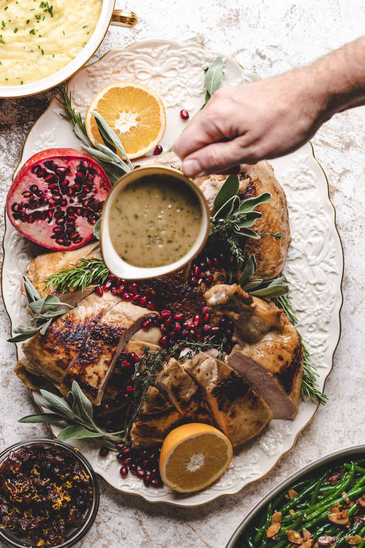 Thanksgiving turkey with gravy on top.