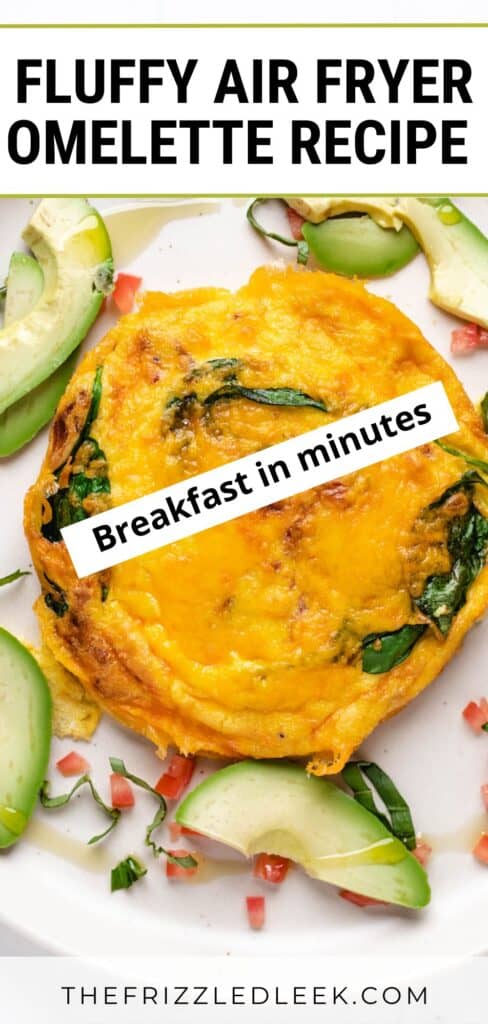 Air fryer omelette on a white plate with sliced avocado's.