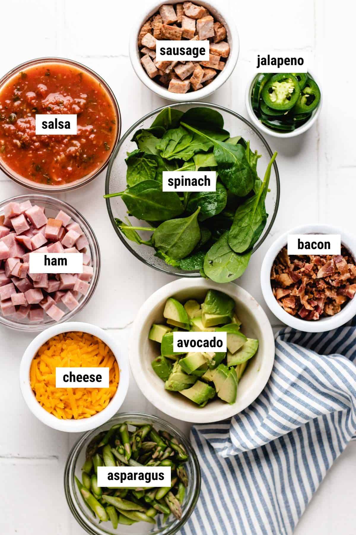 Overhead shot of omelette bar toppings.