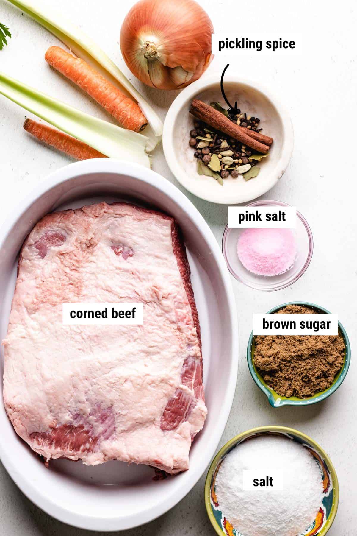 Overhead photo of the ingredients needed to make corned beef brine.