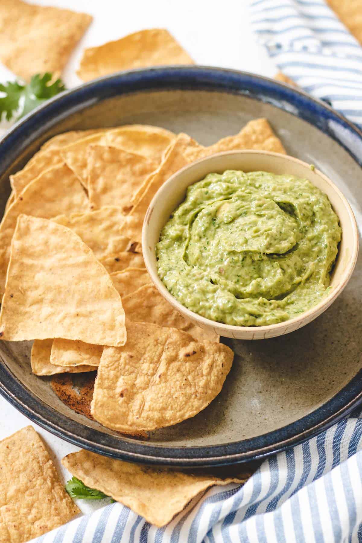 A large plate with tortilla chips and a small bowl of guacamole.