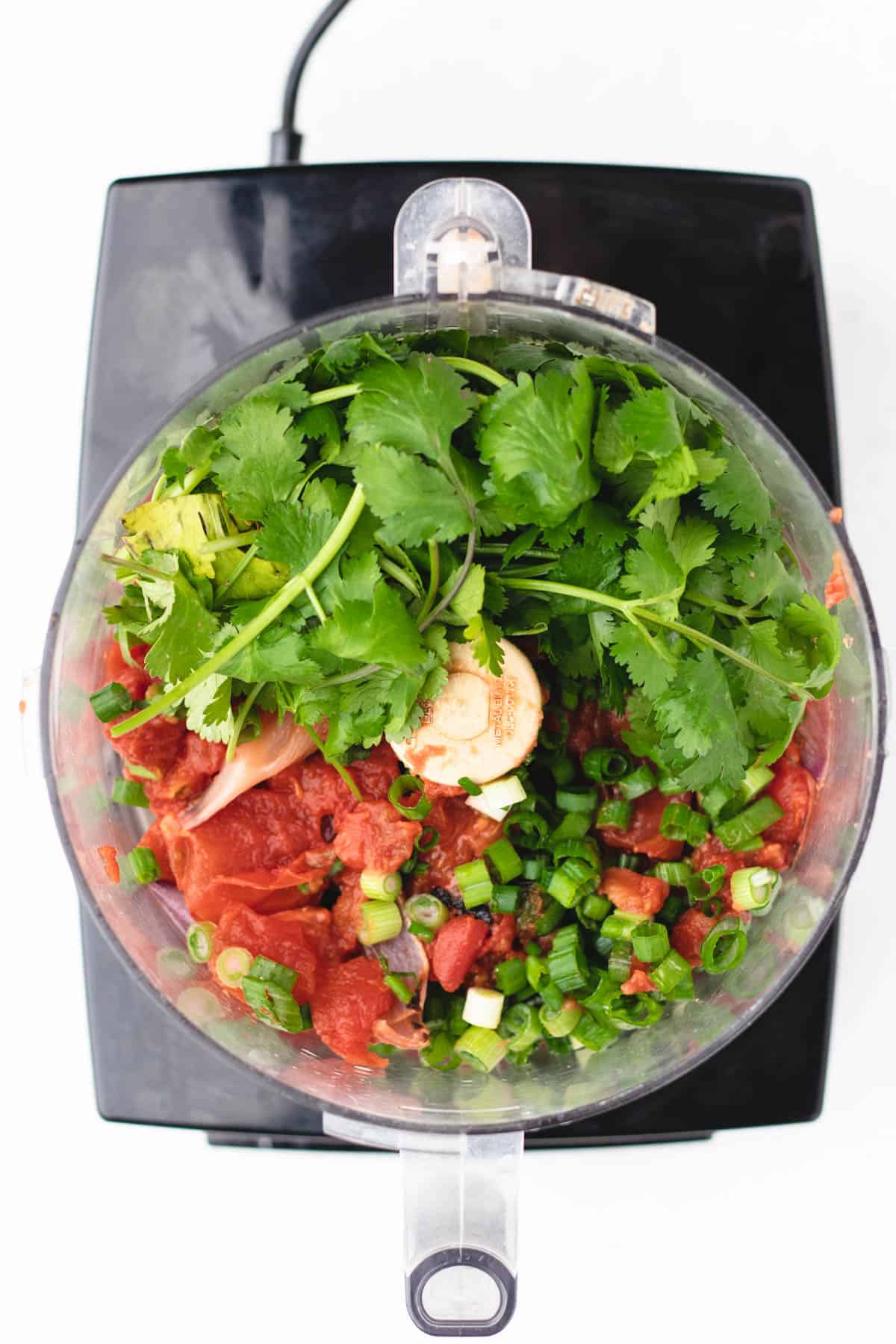 A food processor filled with freshly roasted salsa ingredients.