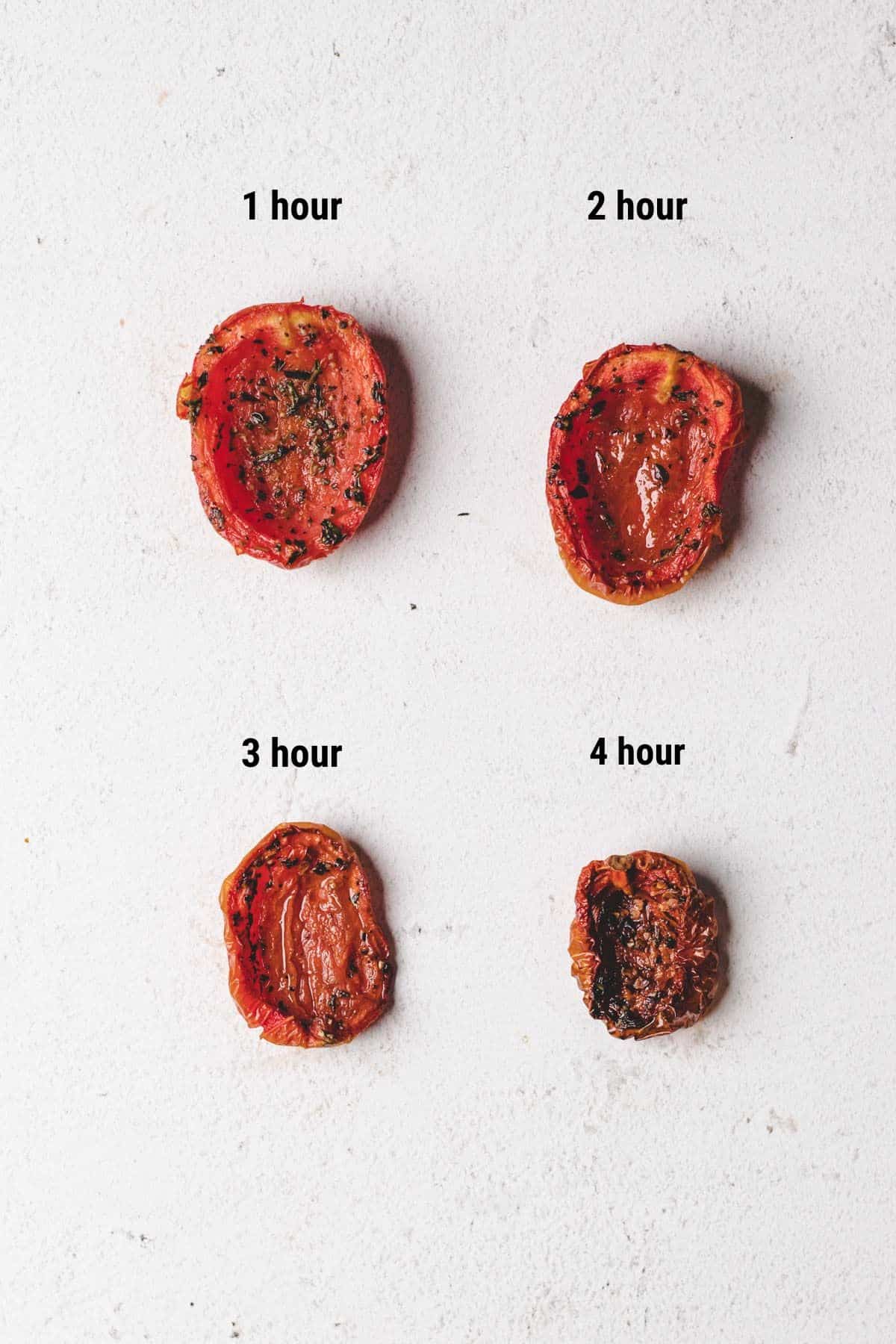 A photo that shows a comparison of slow roasted tomatoes cooked for different lengths of time.