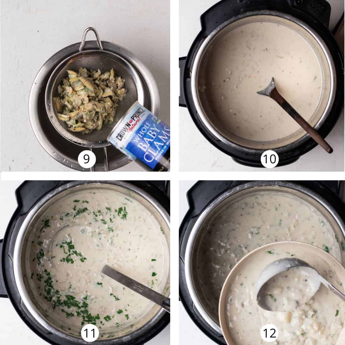 Straining a can of calms into a fine-mesh strainer and adding it to clam chowder inside of an Instant Pot.