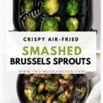 Smashed Brussels sprouts being placed inside of an air fryer basket evenly spaced into three rows.