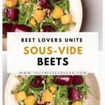 A salad of red and golden beets over arugula in a salad bowl.