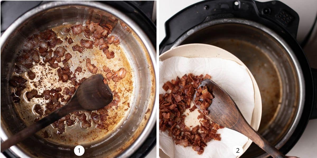 Cooking chopped bacon inside of an instant pot until crispy, and transfering to a paper towel to drain.