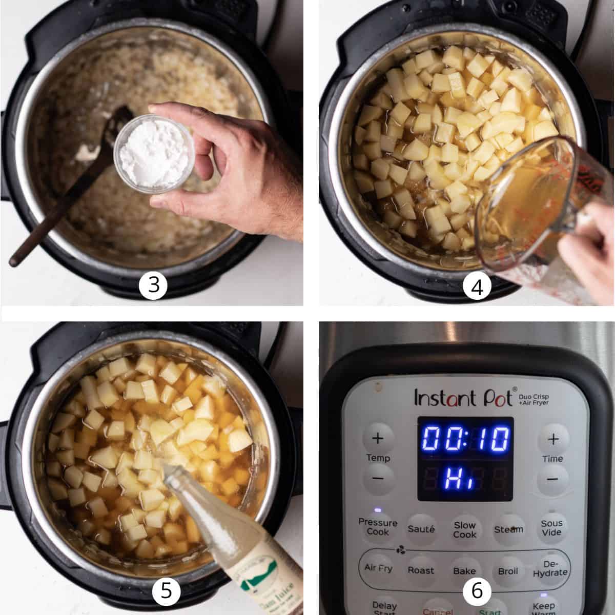 Adding arrowroot startch, chicken stock, and clam juice to the Instant Pot and setting the timer for 10 minutes.