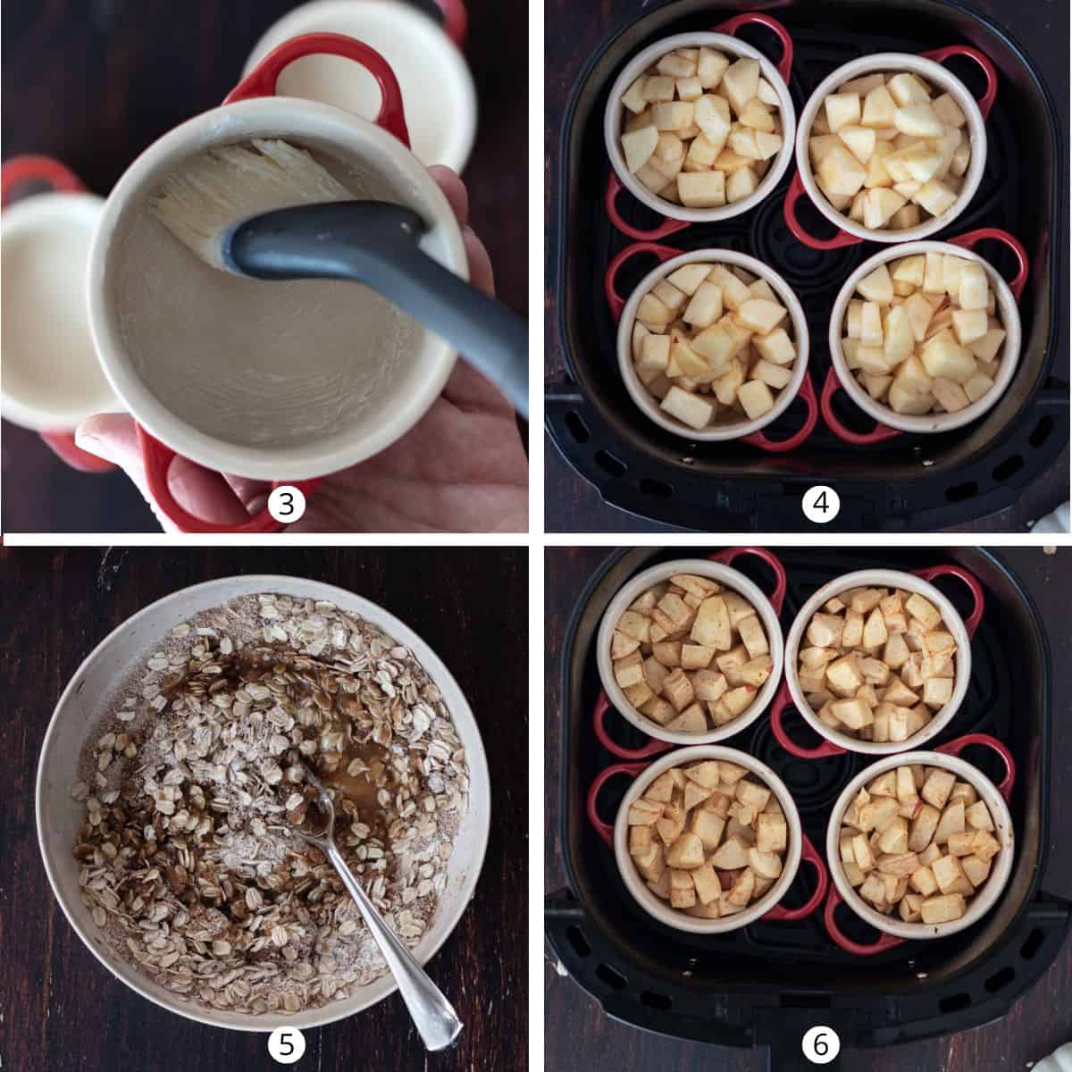 Buttered ramekins being filled with chopped apples and cooked in the air fryer.