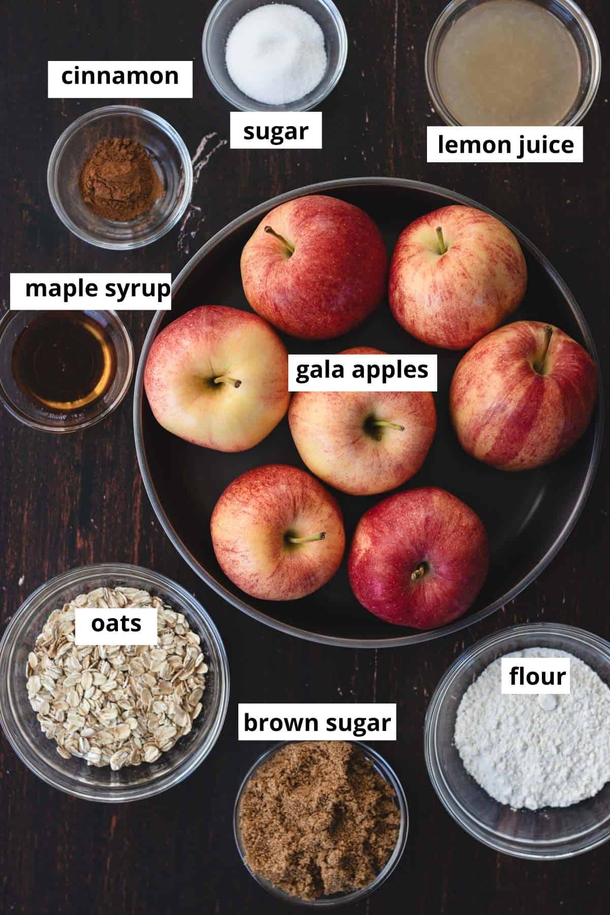 Ingredient list: cinnamon, sugar, lemon juice, maple syrup, apples, oats, brown sugar, and flour.