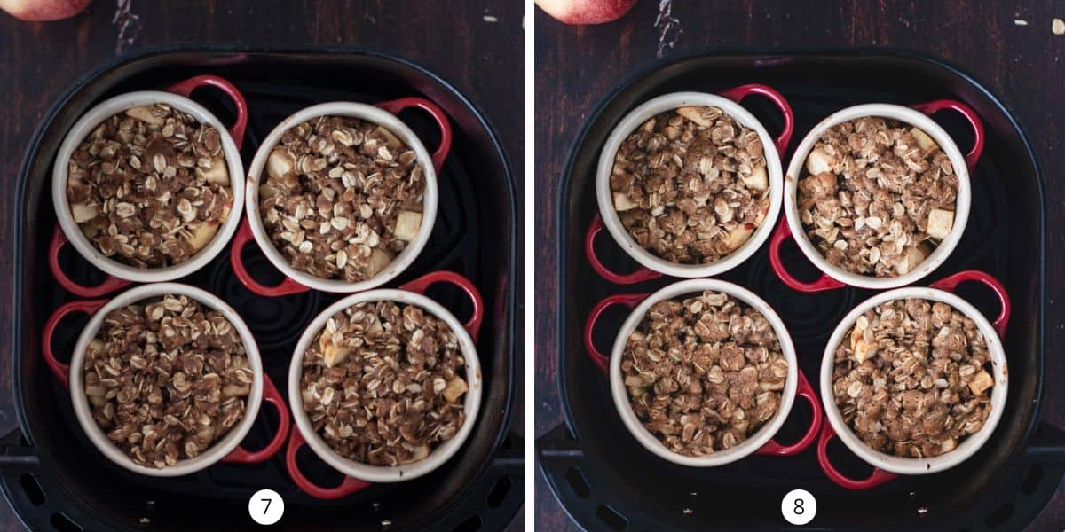 Mini apples crisp with oatmeal topping inside of an air fryer basket.