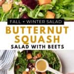 Drizzling a maple-dijon dressing over a butternut squash and beet salad in a round bowl.