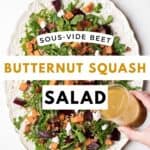 Pouring dressing over top of a beetroot, arugula, and butternut squash salad.