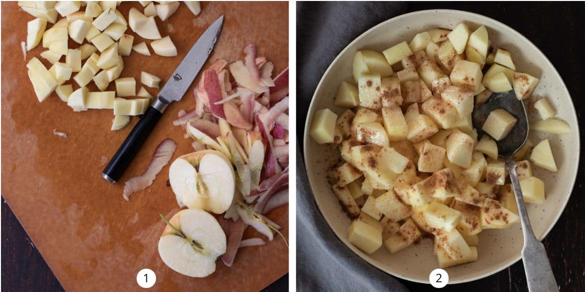 Peeled and diced apples that are tossed with cinnamon in a round bowl with a spoon.