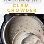 Ladling clam chowder from an Instant Pot to a round white bowl.