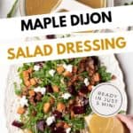 Drizzling a maple Dijon dressing over a butternut squash and beet salad on an oval platter.
