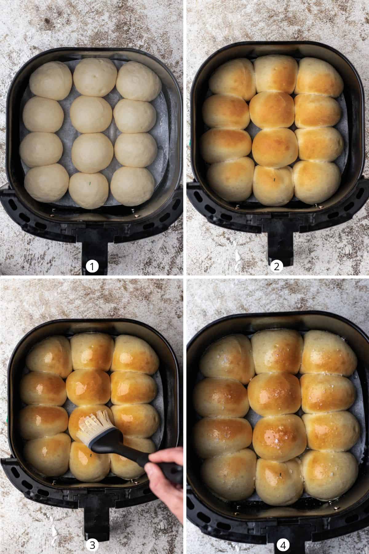 Baking bread rolls inside of an air fryer basket and then brushing them with melted butter and salt.