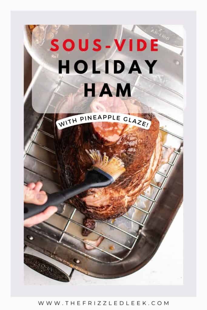 Brushing a spiral cut ham with a pineapple glaze using a brush.
