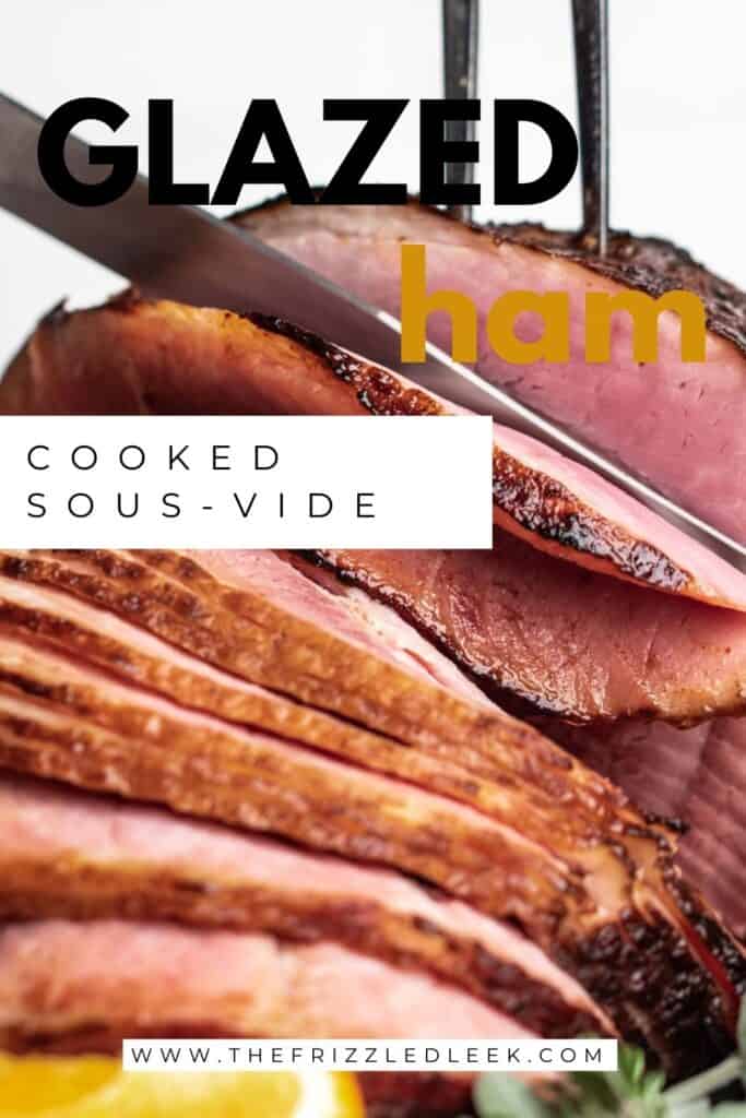 Slicing a ham with a carving knife and fork.