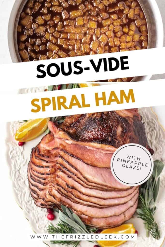 Spiral cut ham on a oval white platter garnished with oranges, and herbs.