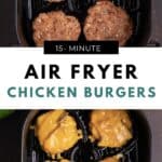 Four chicken patties being cooked in an air fryer basket.