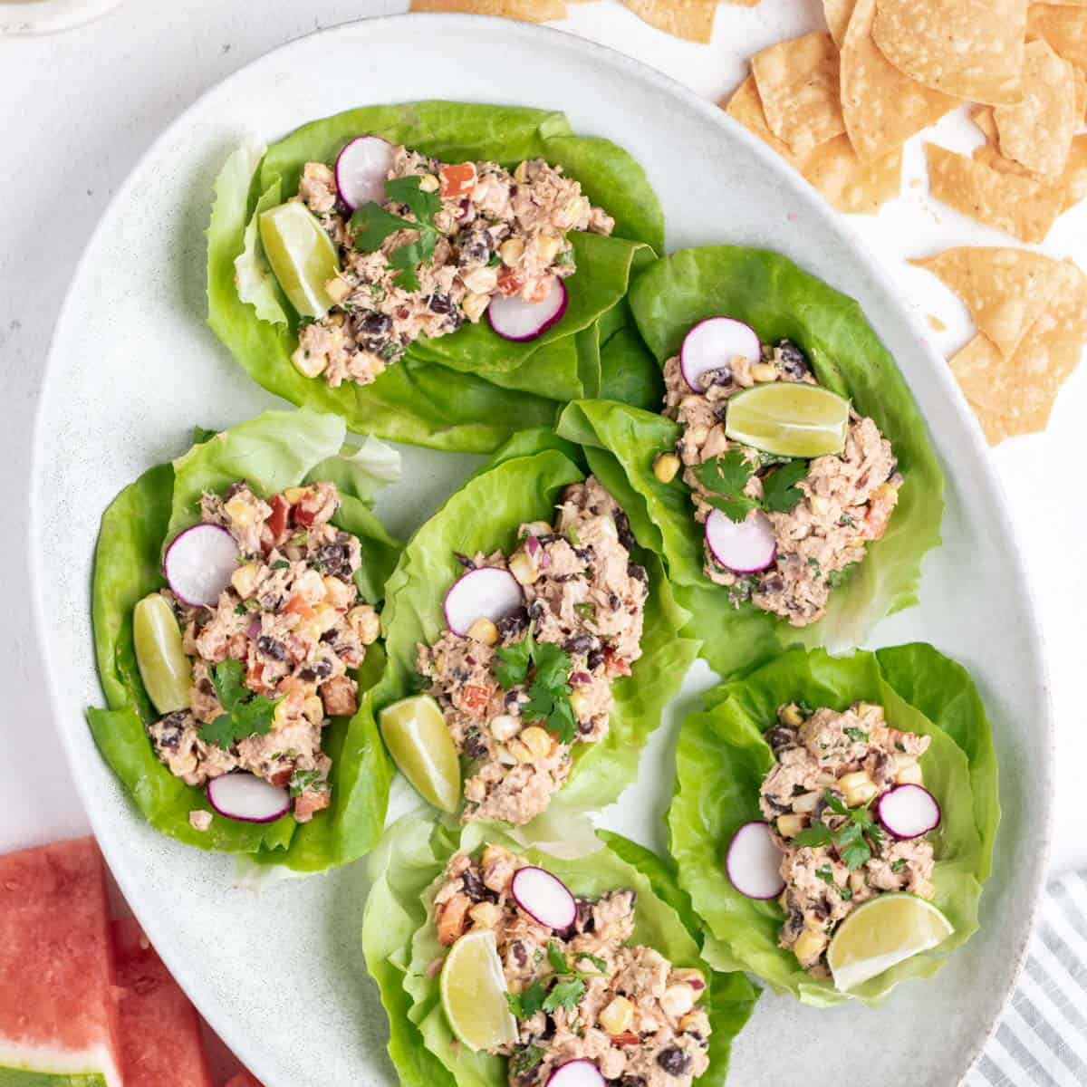 Lettuce cups with Mexican tuna salad inside.