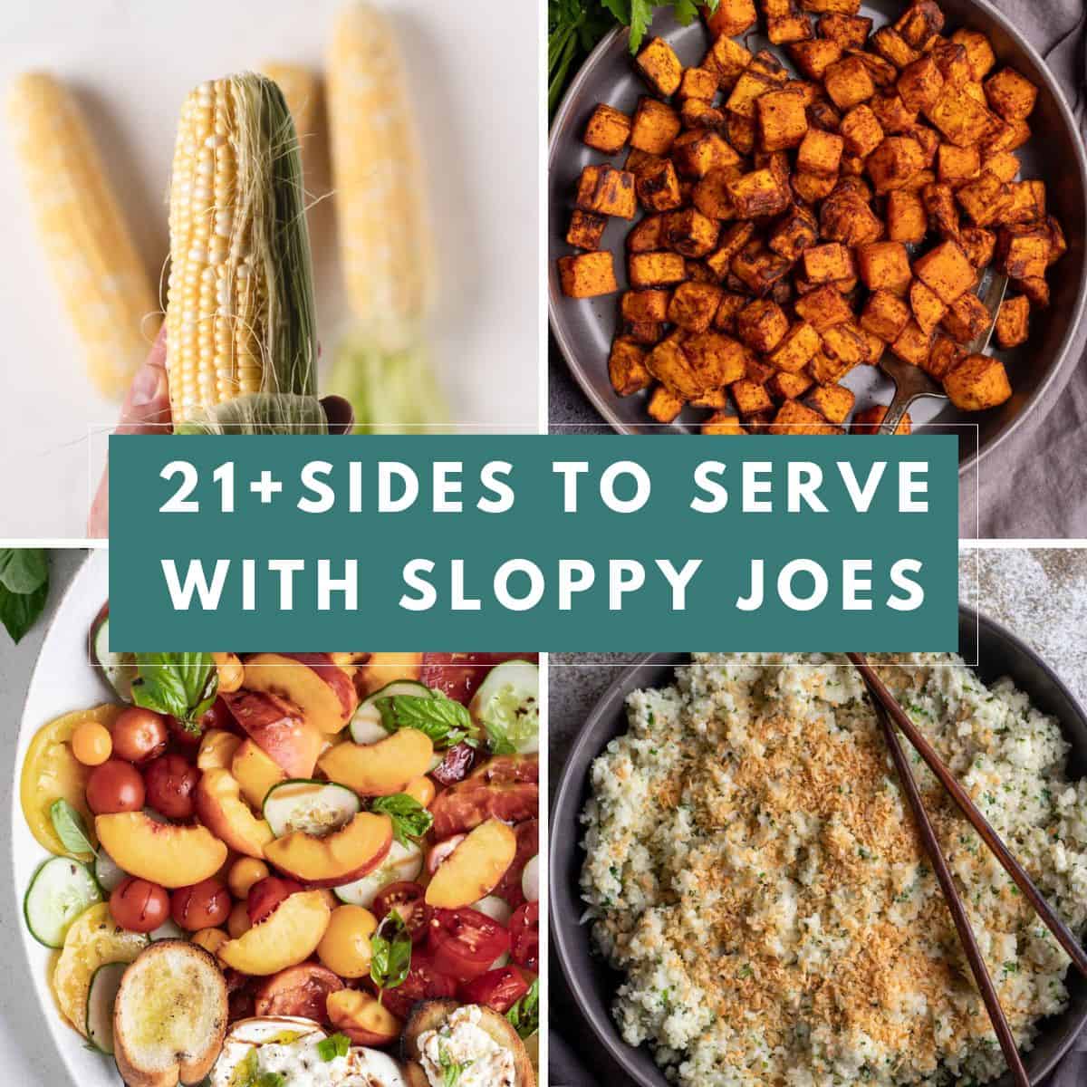 Peeling 1 corn on the cob, sweet potato cubes, tomato and peach salad, and coconut cauliflower rice in a collage.