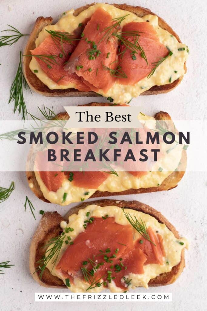 Three slices of toast with scrambled eggs and smoked salmon.