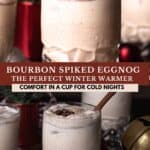 A crystal glass filled with eggnog and garnished with a cinnamon stick.