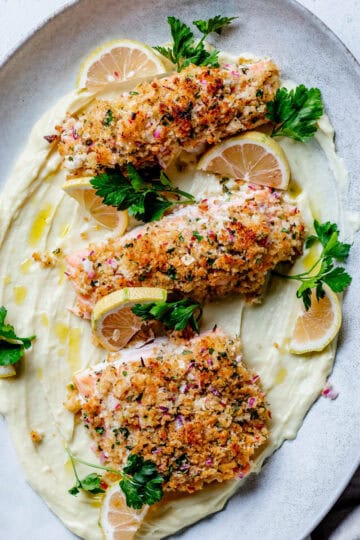 Horseradish salmon filets on a oval platter with a parsnip puree.