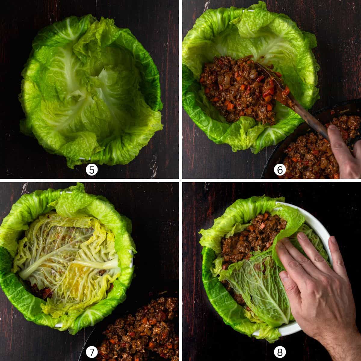 Step-by-step instruction on assembling the Chou Farci (French Stuffed Cabbage).