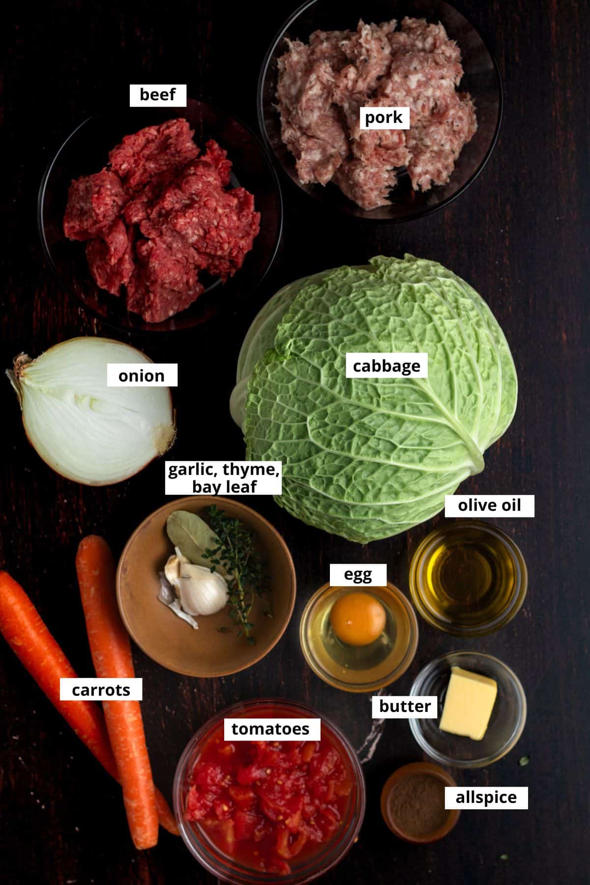 Beef, pork, white onion, cabbage, carrots, egg, olive oil, tomatoes, butter, and allspice.