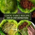 Step-by-step instruction on assembling the Chou Farci (French Stuffed Cabbage).
